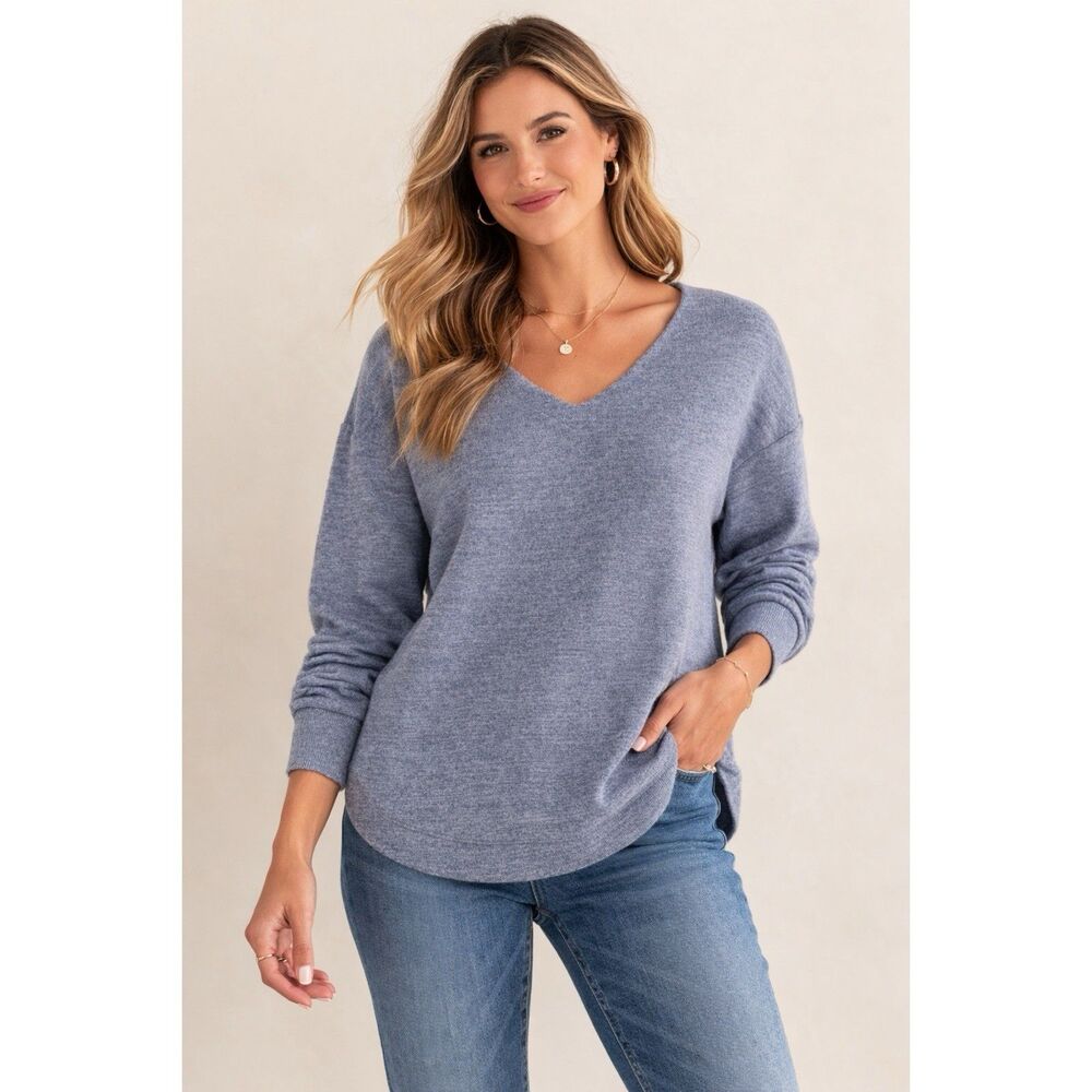 Haven Well Within Size Small V Neck Sweater Blue Knit 3/4 Sleeve Pullover